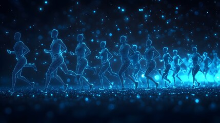Fototapete - Futuristic runners rendered in glowing blue dots sprint through a digital landscape. Energy and motion define this technological realm. Abstract Digital low-poly wireframe connected dots in dark blue