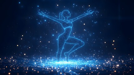 Aufkleber - Ethereal wireframe dancer in a cosmic ballet of light and energy. A futuristic vision of grace. Abstract Digital low-poly wireframe connected dots in dark blue.
