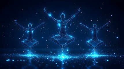 Aufkleber - Futuristic yoga scene with blue wireframe figures illuminated by sparkling light. Magical, calming, and promoting well-being. Abstract Digital low-poly wireframe connected dots in dark blue