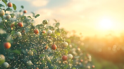 Poster - Apple trees display a vibrant harvest, enhanced by a digital network overlay. A futuristic touch combines nature and technology in warm light. Abstract Digital low-poly wireframe connected