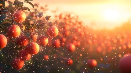 Poster - Sun-kissed red fruits gleam in a vibrant orchard, digitally enhanced with abstract dark blue lines connecting dots. Captivating harvest scene, promising abundance and connection.