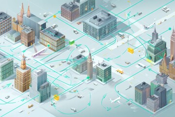 Poster - Isometric Map Displaying Parcel Routes Connecting Multiple Cities With Clear Navigation Arrows Generative AI