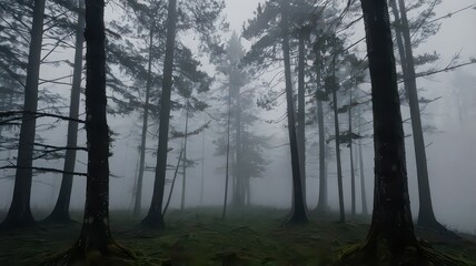  A misty forest scene with tall trees and a dense fog creating a mysterious atmosphere in nature
