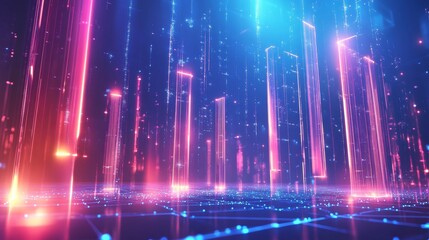 Aufkleber - Digital Cityscape Glowing With Neon Lights and Vertical Structures Against a Dark Background, Enhancing a Futuristic Vibe