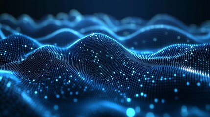 Fototapete - 3D Digital Landscape of Glowing Blue Dots Creating Wave-Like Patterns in a Dark Environment at Night