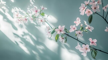 Poster - Delicate Pink Blossoms Illuminated by Soft Sunlight Create a Serene Atmosphere in a Tranquil Indoor Setting During Spring