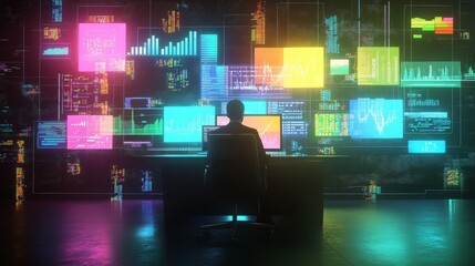 Aufkleber - Digital Analyst Monitors Colorful Data Visualizations in a Modern Workspace at Night