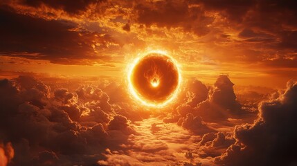 Poster - Stunning Celestial Display Highlights a Fiery Sun Rising Over a Sea of Clouds During Twilight in a Breathtaking Sky