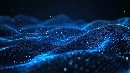 Fototapete - Innovative Visualization of Abstract Blue Wave Patterns With Glowing Particles Against a Dark Backdrop, Creating a Captivating Digital Atmosphere