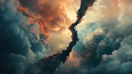 Poster - Majestic Clouds Illuminated by a Dramatic Light Create a Surreal Landscape With a Striking Divide at Dusk
