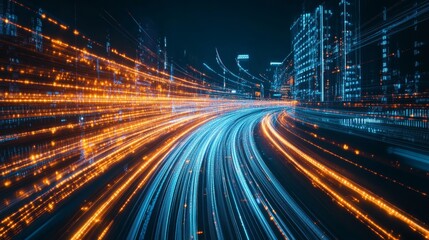 Aufkleber - Nighttime Urban Landscape With Light Trails From Moving Vehicles Creating a Vibrant and Dynamic Display in a Modern City Setting
