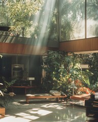 Poster - Nature-inspired Indoor Living Space With Sunlight Streaming Through Windows, Showcasing Lush Greenery and Modern Furniture in a Serene Environment
