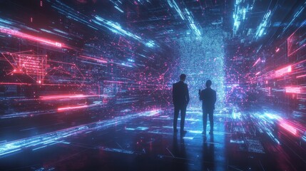 Poster - Digital Landscape Showcases Two Silhouettes Observing a Vibrant Virtual World Filled With Interconnected Data Streams and Glowing Graphics