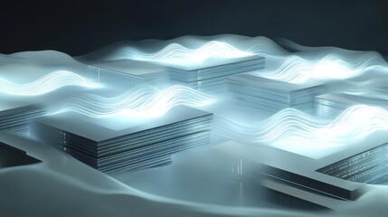 Fototapete - Futuristic Landscape With Glowing Layers Set Against a Dark Background Showcasing Vibrant Light Patterns