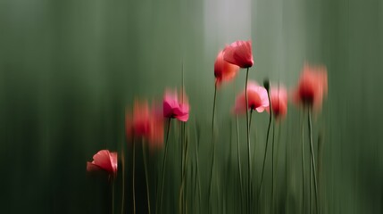 Poster - Vivid red poppies sway gently in a field, their soft green stems blending into a dreamy background, creating a serene atmosphere and inviting tranquility