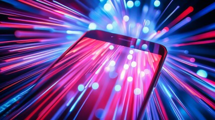Fototapete - Dynamic Abstract Composition Featuring a Smartphone Illuminated by Vibrant Light Rays in a Dark Setting