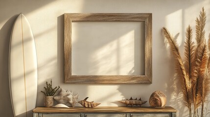 Poster - Coastal Decor Featuring a Wooden Frame, Surfboard, and Natural Elements in a Sunlit Room