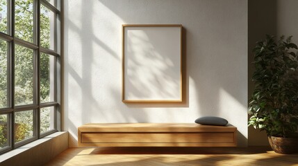 Poster - Light Floods an Empty Room Showcasing a Wooden Bench and Wall-Mounted Frame Beside a Large Window With Greenery Outside
