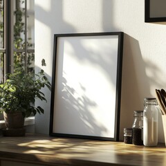 Poster - Natural Light Illuminates an Empty Frame on a Wooden Table Next to a Plant and Kitchen Jars in a Cozy Interior at Midday