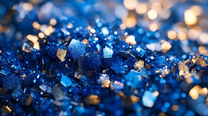 Poster - Sparkling Blue and Gold Crystal-Like Material Scattered Across the Surface, Glistening Under Soft Light During a Close-Up Observation in a Creative Environment