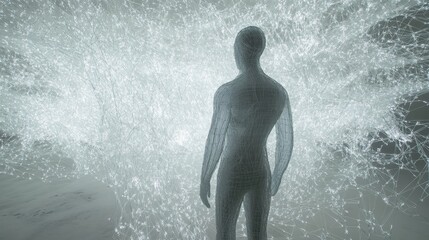 Fototapete - Silhouette of a Figure Surrounded by Glowing, Interconnected Lines Representing Data and Technology in a Digital Landscape