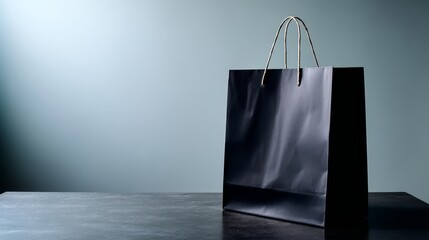 Poster - A matte black shopping bag is centered on a dark surface, illuminated by soft spot lighting that creates subtle reflective shadows, perfect for showcasing products