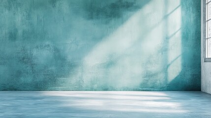 Poster - Bright Sunlight Streams Through a Window Onto a Textured Turquoise Wall in a Spacious, Minimalistic Interior Setting During the Day
