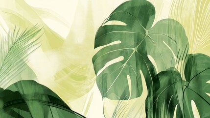 Poster - Tropical Leaves Create a Lush and Vibrant Background Filled With Various Shades of Green, Showcasing Nature's Beauty and Tranquility in a Delicate Artistic Style