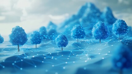 Poster - Digital Forest Landscape With Interconnected Blue Trees and Mountains Showcasing a Futuristic Visual in a Serene Setting