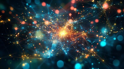 Aufkleber - Complex Network of Glowing Particles Illustrates Connections and Interactions in a Vibrant Digital Universe