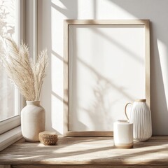 Poster - Natural Light Spills Into a Cozy Interior, Showcasing a Blank Frame, Vases, and Decorative Elements on a Wooden Surface