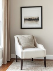 Poster - Cozy Corner With a Modern Chair, Decorative Pillow, and Minimalist Artwork in a Well-Lit Living Room Setting During the Day