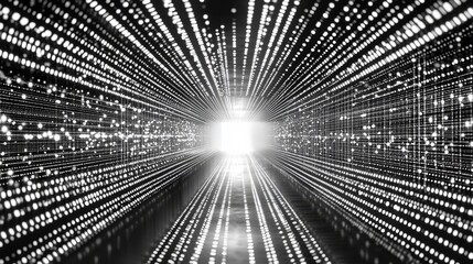 Fototapete - A Bright Light at the End of a Tunnel Created With Glowing Dots and Lines in a Modern Digital Art Style During a Nighttime Setting