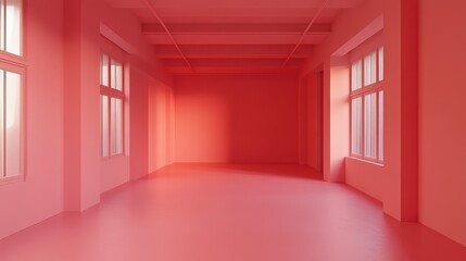 Poster - Bright Red Interior of a Spacious Room Flooded With Natural Light Showcasing Minimalistic Design and an Inviting Atmosphere Ideal for Creative Activities
