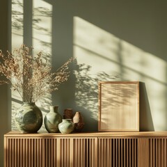 Poster - Elegant Decor Arrangement With Clay Vases and Dried Flowers on Wooden Cabinet Showcasing Natural Light Patterns in a Cozy Interior