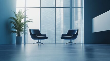 Poster - Modern Office Interior Featuring Two Sleek Chairs, Large Windows, and a Potted Plant Overlooking the City Skyline During Daylight