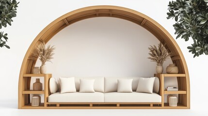 Poster - Modern Wooden Arch Sofa Design With Neutral Cushions and Decorative Elements in a Bright and Airy Indoor Setting