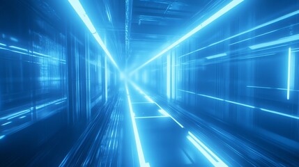 Aufkleber - Futuristic Corridor With Glowing Blue Lights Creating an Immersive Tunnel Illusion in a Digital Environment