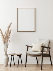 Poster - Cozy Corner With Minimalist Armchair and Decorative Elements in a Bright, Modern Interior Setting