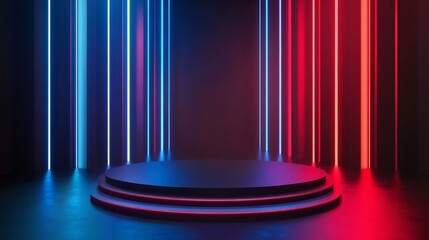 Poster - Stunning Neon-Lit Stage Designed for Performances, Featuring Blue and Red Vertical Lights Illuminating a Circular Platform in a Darkened Environment