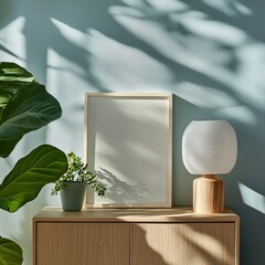 Poster - Modern Interior Design Featuring a Wooden Cabinet, Decorative Plant, and Stylish Lamp Casting Shadows on a Pastel Wall in a Sunlit Room