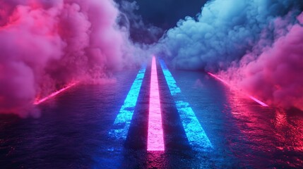 Poster - Colorful Neon Pathway Emerges Through Misty Clouds in a Surreal Landscape at Nighttime With Vibrant Blue and Pink Lighting Effects