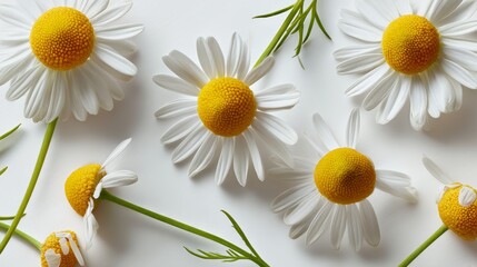Aufkleber - Scattered chamomile blossoms with vibrant yellow centers adorn a white background, providing a clean and elegant aesthetic perfect for decorative themes