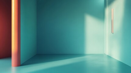 Poster - Bright and Colorful Interior Room With Teal Walls and Natural Light Streaming Through a Window Creating Modern Aesthetic