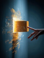 Poster - Human Hand Reaching Into Digital Portal to Grab Floating Glowing Parcel in Futuristic Environment Generative AI