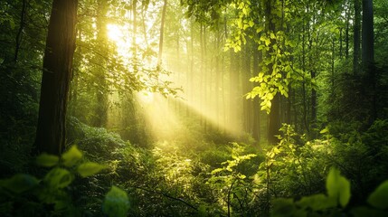 Poster - Beautiful Forest Landscape Illuminated by Sunlight Filtering Through Trees in the Early Morning Hours
