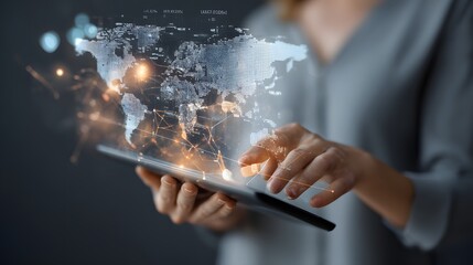 Poster - Illustrating the Floating Holographic Business Concept with a Close-Up Hand Presentation for Better Global Network Communication and Collaboration in Technological Advancement with Modernity