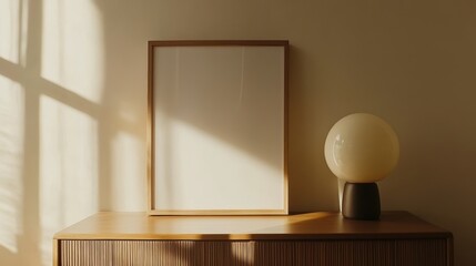 Poster - Minimalist Interior Design With a Wooden Dresser, a Round Lamp, and Soft Sunlight Illuminating the Empty Picture Frame
