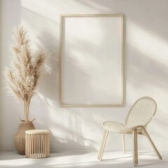 Poster - Calm Interior Design With a Minimalist Chair, Decorative Plant, and Empty Picture Frame in Natural Light During the Day