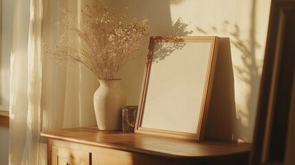 Poster - Natural Light Illuminates a Wooden Table Adorned With a Vase of Dried Flowers and a Blank Picture Frame, Creating a Serene Interior Setting in the Afternoon